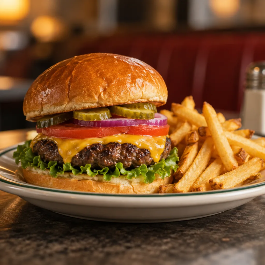 Illustration of a burger with lettuce and tomato