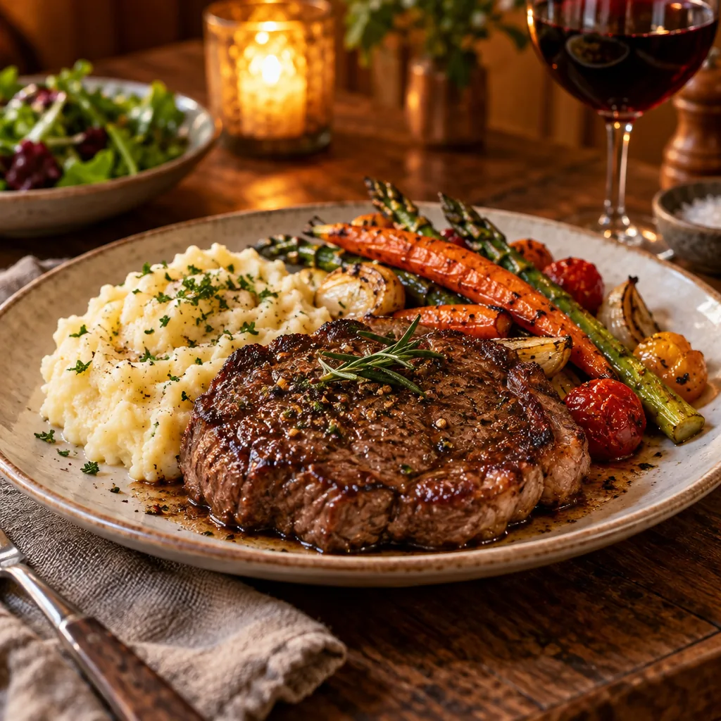 Illustration of a plated main course with sides