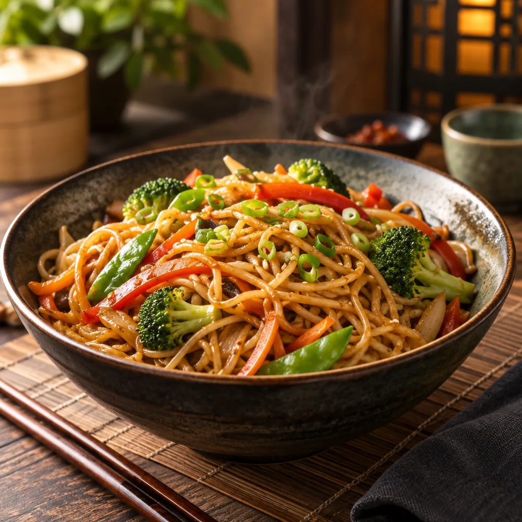 Illustration of a bowl of noodles with chopsticks