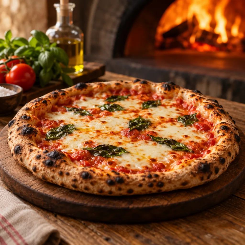 Illustration of a pizza on a wooden board