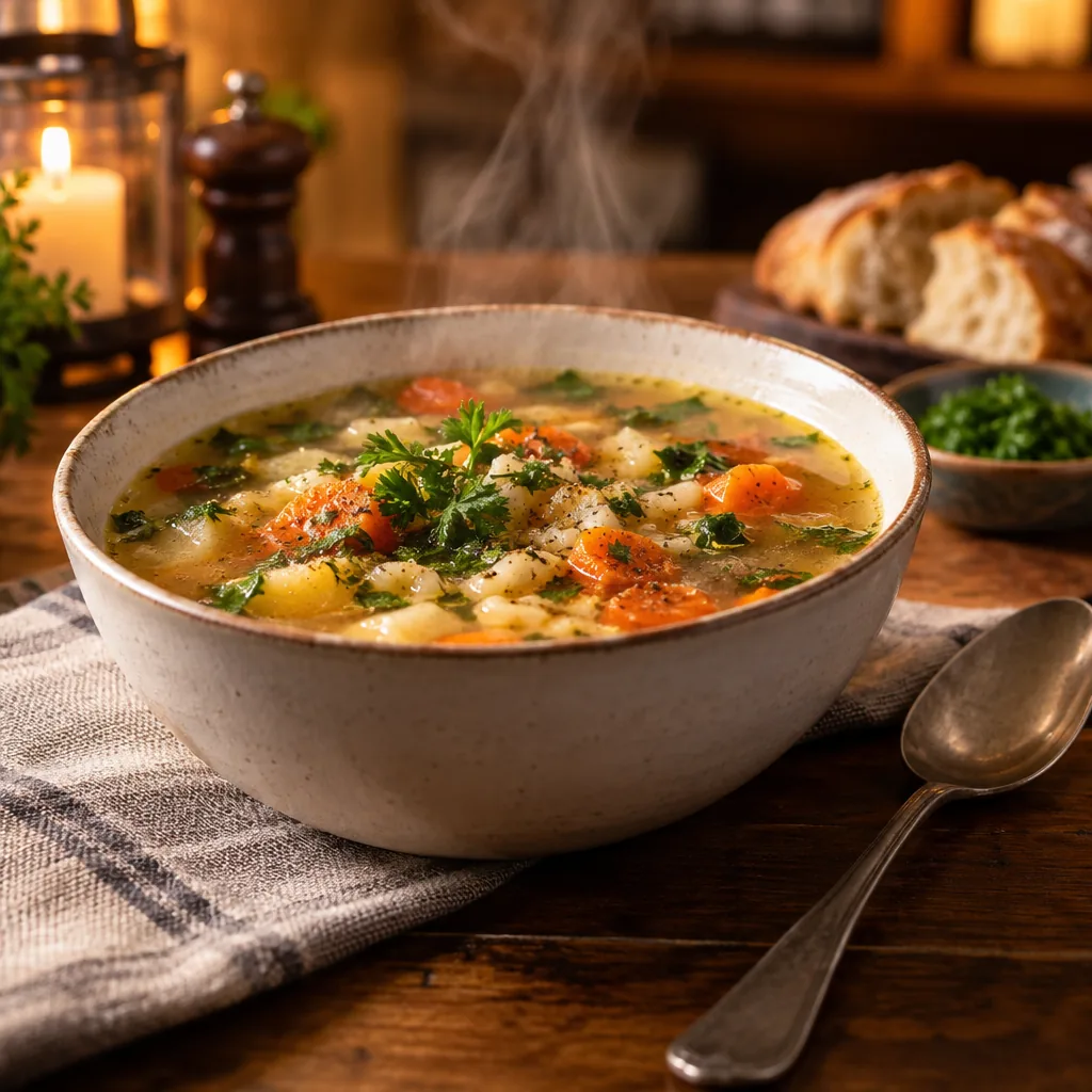 Illustration of a steaming bowl of soup on a table