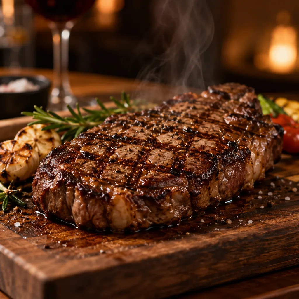 Illustration of a grilled steak carved on a cutting board