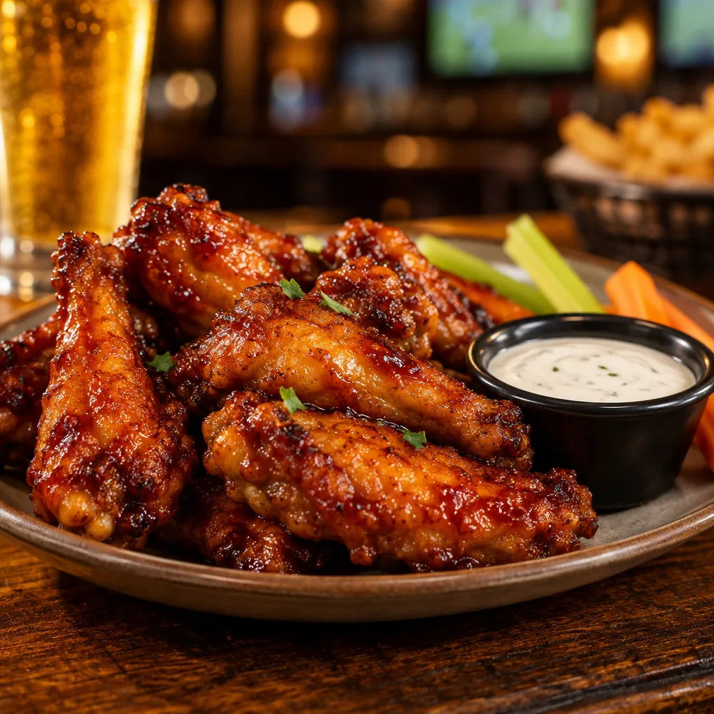Illustration of glazed chicken wings in a basket