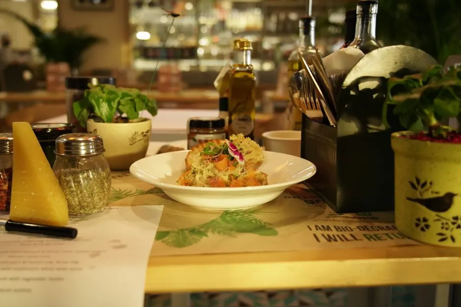 Pasta dish on a restaurant table, illustrative photo
